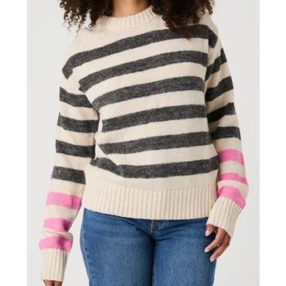 FRENCH CONNECTION JESSIKA STRIPED DROP SHOULDER COZY RELAXED SWEATER.